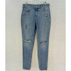 H&M Divided Rhinestone Embellished Distressed Ripped Mom Jeans Light Wash‎